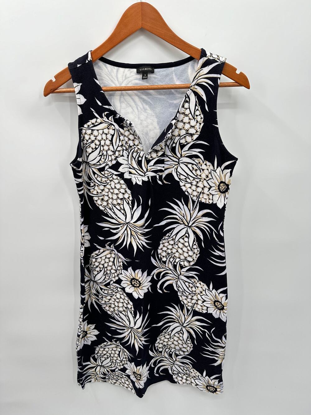 Talbots Navy Pineapple Print Cotton Split Neck Dress // S